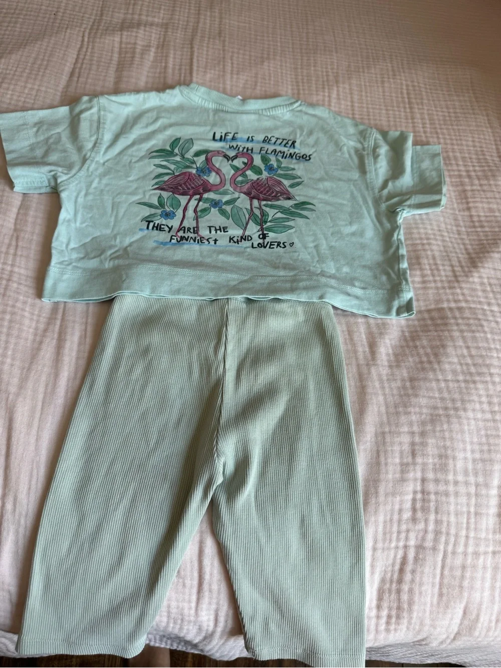 Zara Kids Mint Green Flamingo Two-Piece biking shorts Set